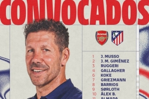 马竞客战阿森纳名单：阿尔瓦雷斯、格列兹曼领衔，卡尔多索缺席