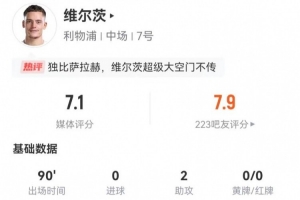 维尔茨本场2助攻+4关键传球 15丢失球权 8对抗2成功 获评7.1分